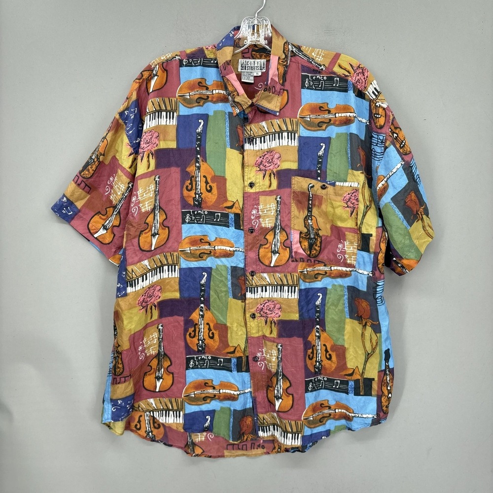 Vintage 90s City Streets Shirt Mens‎ XL Multicolor Music Print Silk Button Up